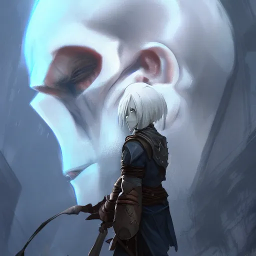 Prompt: kratos with white hair holding skull, by makoto shinkai, greg rutkowski, artstation, high detailed, cgsociety,