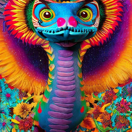 Prompt: Alebrijes” Full body side portrait, 3-D 8k , digital art, Mexican folk art, cute single animal, contrasting light nebula background, Hyperdetailed, Martin Sandiego, Julia Fuentes, Adi Granov