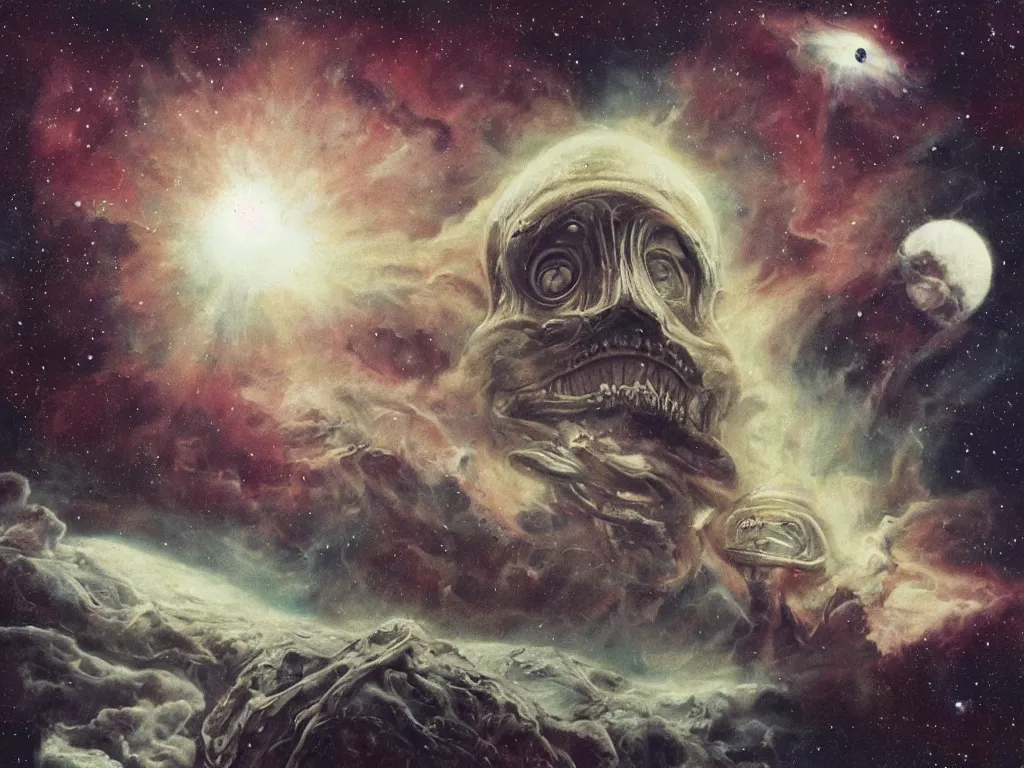 Image similar to scary and gigantic unknown object floating in space between cosmic clouds and nebulas, by isaac asimov alejandro jodorowsky and hr giger, trending on artstation,