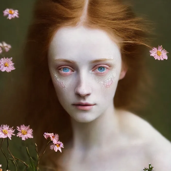 Image similar to Kodak Portra 400, 8K,ARTSTATION, Caroline Gariba, soft light, volumetric lighting, highly detailed, britt marling style 3/4 , extreme Close-up portrait photography of a beautiful woman how pre-Raphaelites,inspired by Ophelia paint, the face emerges from water of Pamukkale, hair are intricate with highly detailed realistic beautiful flowers , Realistic, Refined, Highly Detailed, interstellar outdoor soft pastel lighting colors scheme, outdoor fine art photography, Hyper realistic, photo realistic