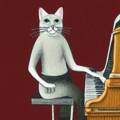 Image similar to anthropomorphic cat playing piano on stage at concert hall, detailed color pencil drawing 4 k