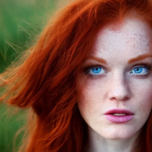 Image similar to Close up photo of the left side of the head of an extremely attactive, pretty redhead woman with gorgeous blue eyes and wavy long red hair, who looks directly at the camera. Slightly open mouth. Whole head visible and covers half of the frame, with a park visible in the background. 135mm nikon.