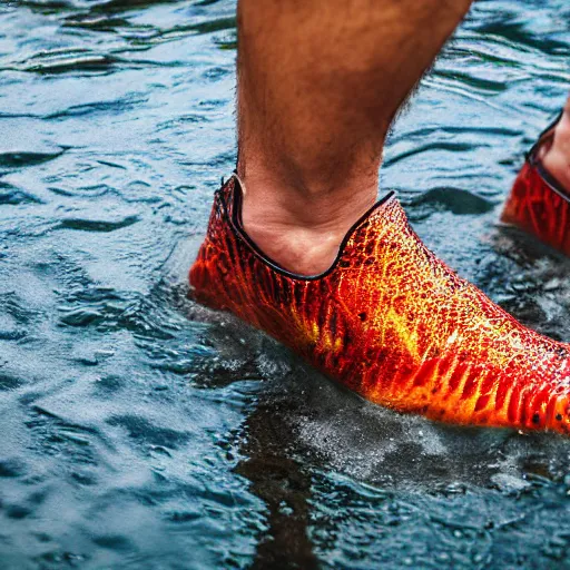 Image similar to ultra detailed photo, man wearing fish on his feet