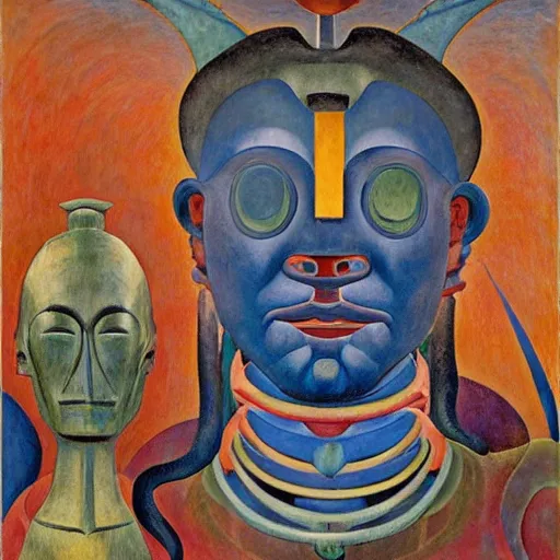 Image similar to portrait of a robot shaman, by annie swynnerton and edward hopper and diego rivera and jean delville and rufino tamayo and evelyn de morgan, art deco shaman, stylized geometric flowers, art brut, outsider art, symbolist, dramatic lighting, god rays, clean crisp graphics, smooth sharp focus, extremely detailed, adolf wolfli