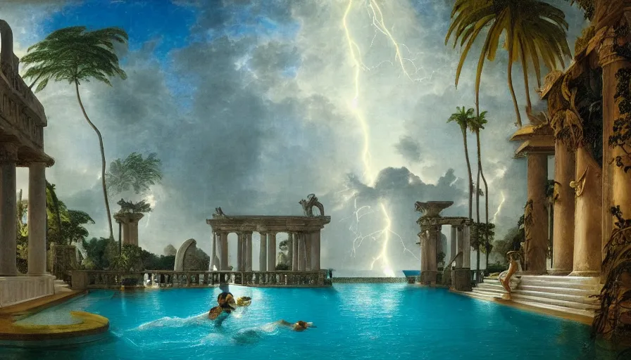 Image similar to A pool inside the giant Palace, mediterranean balustrade and columns, refracted lines and sparkles, thunderstorm, greek pool, beach and Tropical vegetation on the background major arcana sky and occult symbols, by paul delaroche, hyperrealistic 4k uhd, award-winning, very detailed paradise