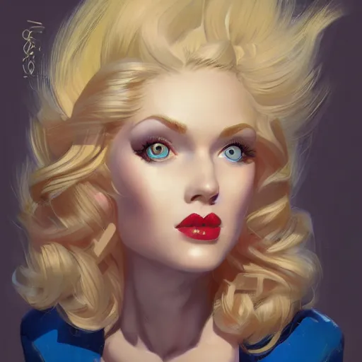 Prompt: portrait of beautiful girl with blond hair and blue eyes, League of Legend illustration, profile picture by Gil Elvgren:2, asymmetrical, Organic Painting , Matte Painting, geometric shapes, hard edges, street art, trending on the artstation, realistic:2 by Sachin Teng:5