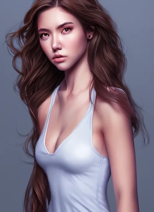 Image similar to full body portrait of a beautiful young woman, photorealistic, hair down to waist, sharp focus, in the style of Kevin Kostic, Stephen Lau and artgerm, hyper sharp focus, 8k highly detailed