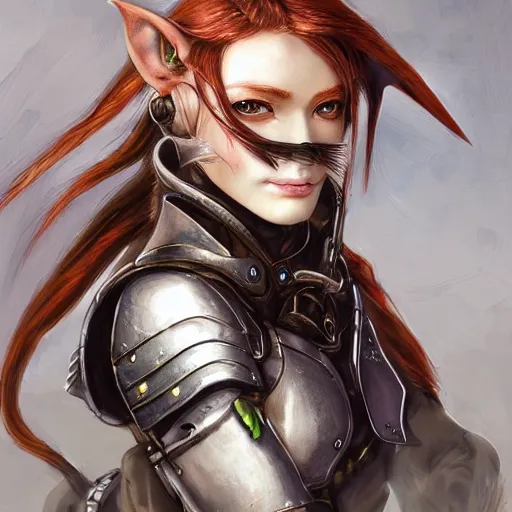 Image similar to portrait of a female elf orc by ayami kojima, she is about 2 0 years old, american pretty, copper hair, annoying but friendly, she is wearing a modern tactical gear, scifi, highly detailed portrait, digital painting, artstation, concept art, smooth, sharp foccus ilustration, artstation hq