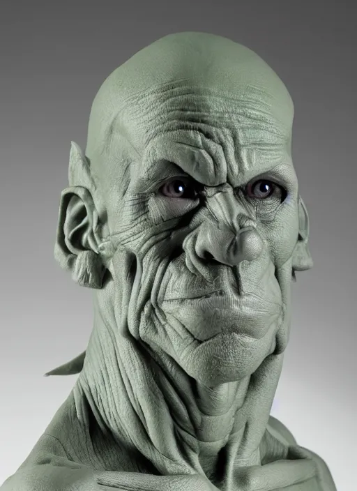 Image similar to a bust sculpture of anatomical detailed gray orc, alberto fujimori, green blood, become human, ceramic base, orthographic, studio lighting