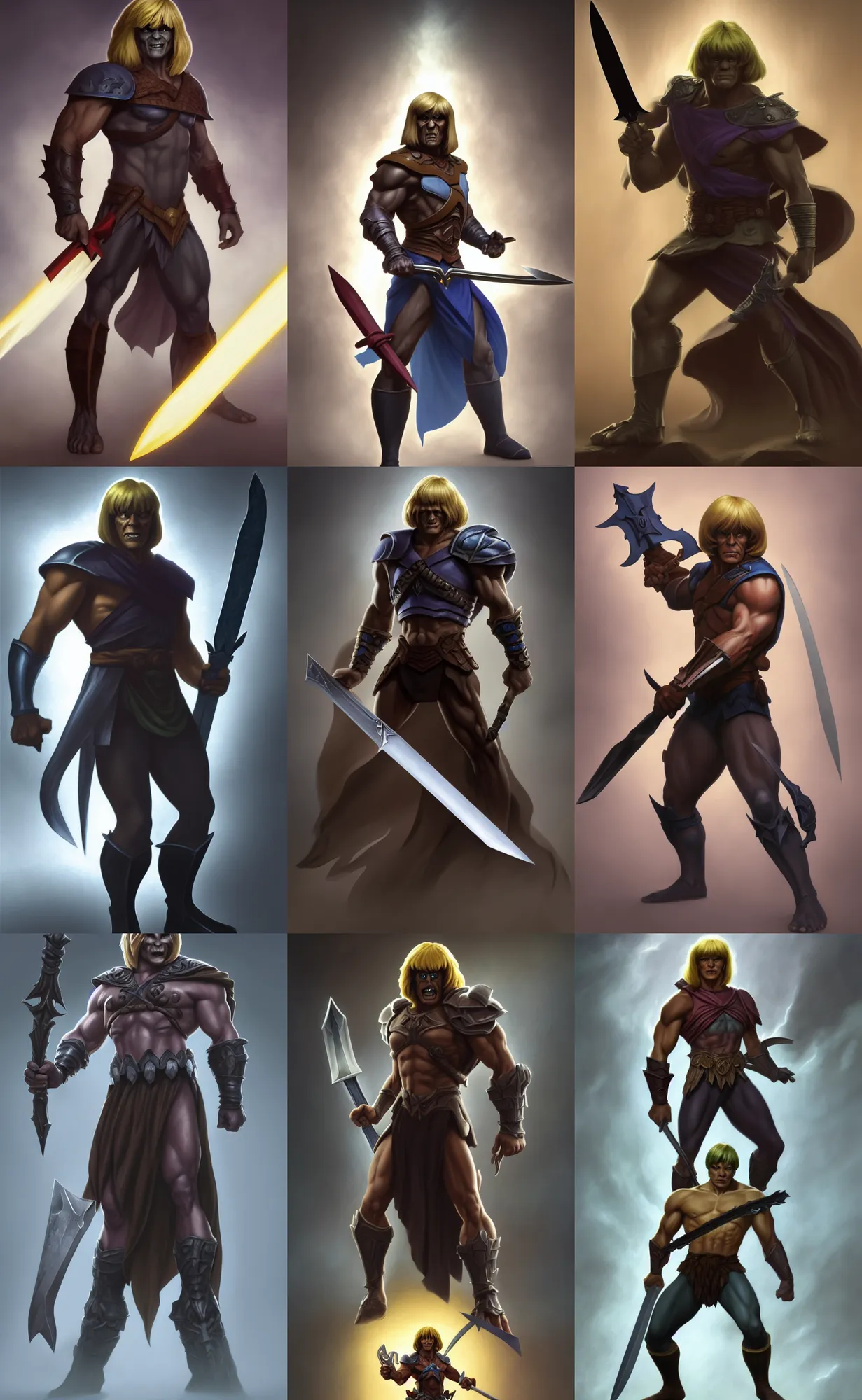 Prompt: full body centered uncut character pose of he - man, mysterious - eerie - ominous, he - man is holding the power sword in his right hand, dark grey shadowy smokey eery background, direct natural lighting, cinematic, epic, ultra - detailed, sharp focus, colored, zbrush, octane, artwork by artgerm and greg rutkowski and alphonse mucha