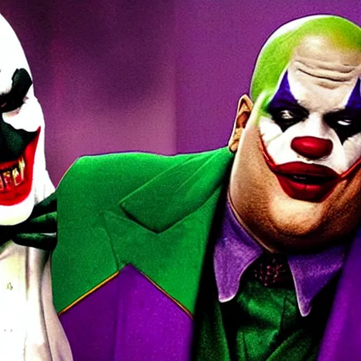 Prompt: cinematic close - up film still of shaquille o ’ neal as the joker in gotham city, shaq as the joker in his iconic green and purple suit with clown make - up