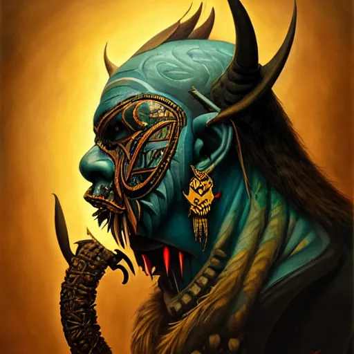 Image similar to side profile of barong family member, wiwek, mara demon, one single tribe member, jungle, one single mask, dark, ancient viking warrior, ninja, tribal, inner glow, paint by peter mohrbacher