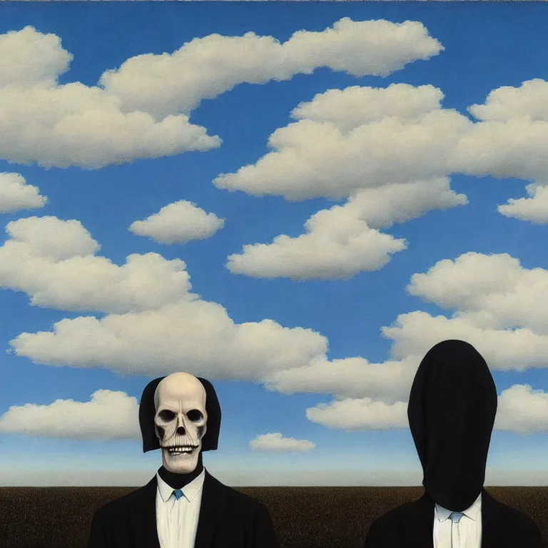 Image similar to portrait of a faceless grim reaper in a suit, clouds in the background, by rene magritte, detailed painting, distance, middle centered, hd, hq, high resolution, high detail, 4 k, 8 k