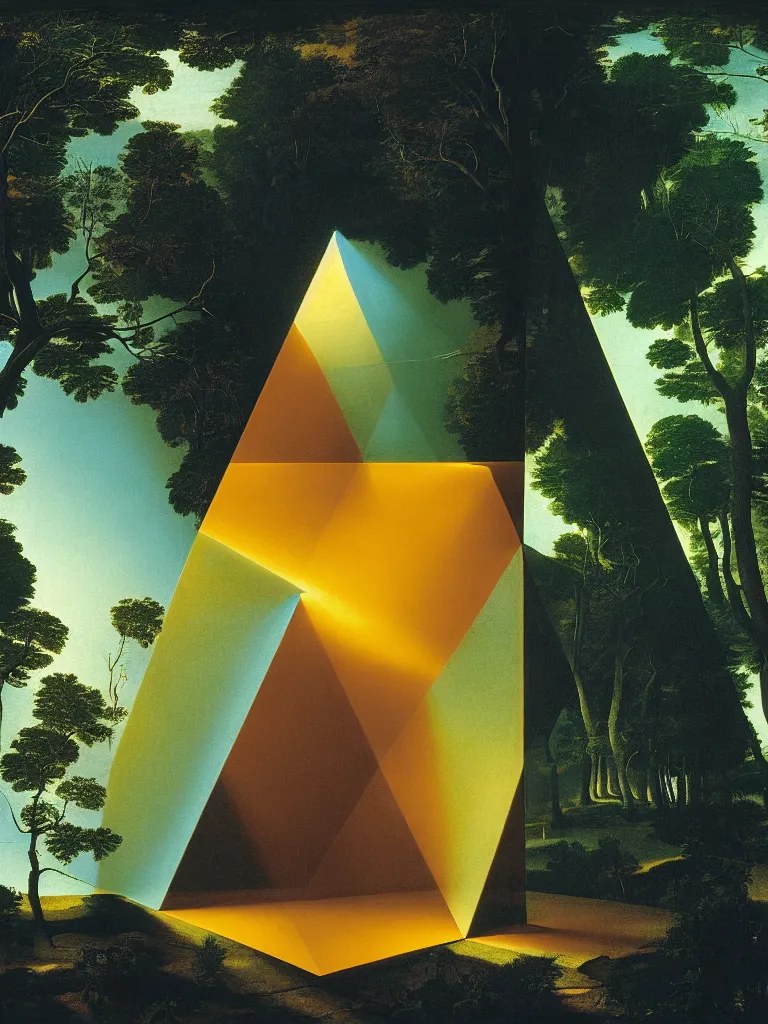 Prompt: hyperrealistic still life portrait of a mind exploding in a forest, beautiful plans, sacred geometry, light refracting through prisms in a tesseract, by caravaggio, botanical print, surrealism, vivid colors, serene, golden ratio, rule of thirds, negative space, minimalist composition, in the style of james turrell