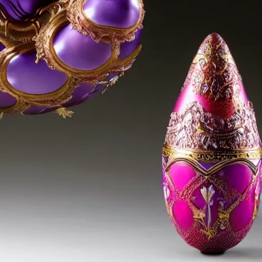 Image similar to a ornate detailed red and purple glowing egg, a faberge egg, an eggplant fruit still on the vine