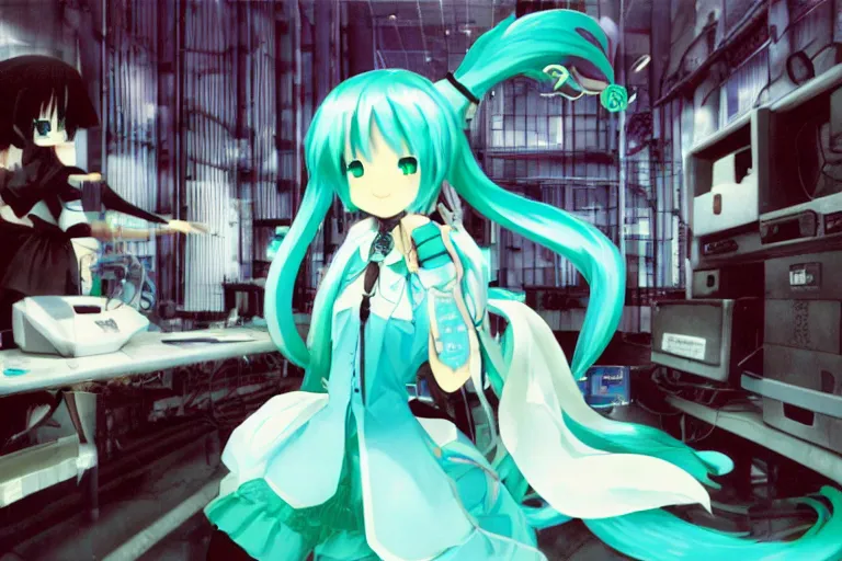 Image similar to hatsune miku gnu / linux desktop environment, romance novel cover, cookbook photo, in 1 9 9 5, y 2 k cybercore, industrial photography, still from a ridley scott movie