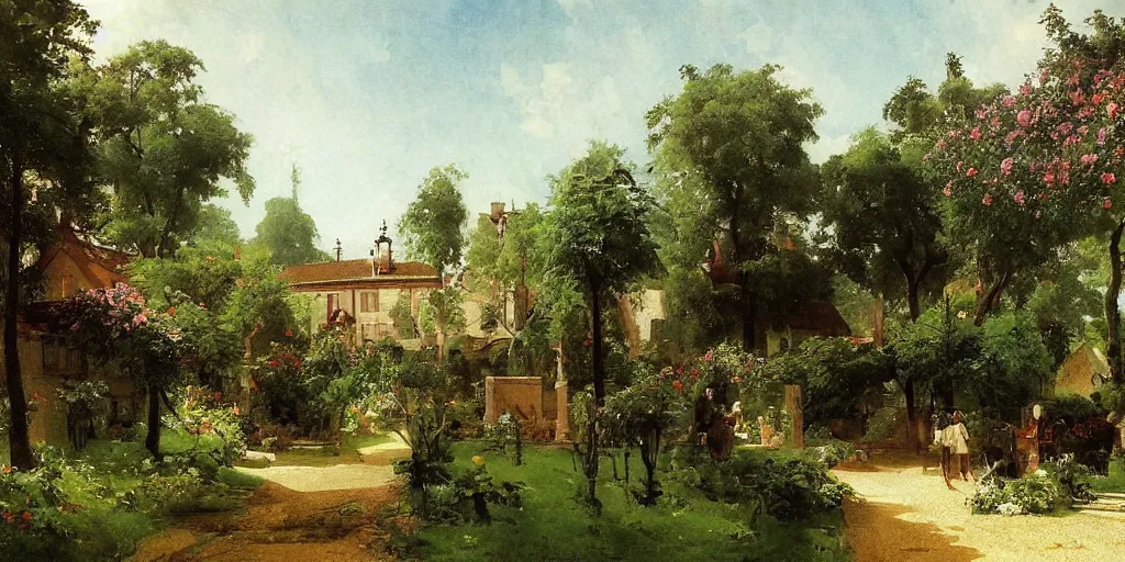 Prompt: a painting of a small town with beautiful gardens by carl spitzweg and tuomas korpi