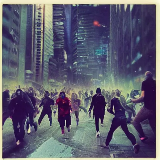 Image similar to a crowd of people running away from zombies in a futuristic cyberpunk city, polaroid photo