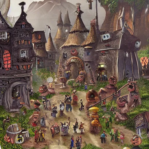 Image similar to very detailed painting of tiny people in the monster town in wimmelbilder style