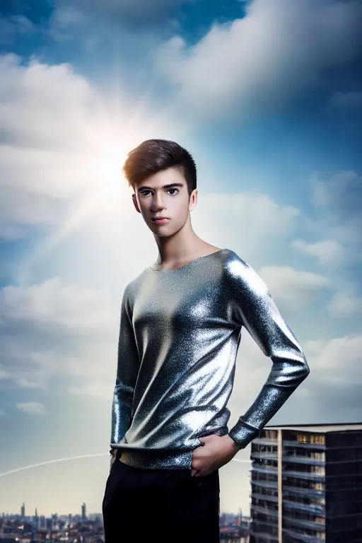 Image similar to un ultra high definition studio quality photographic art portrait of a young man standing on the rooftop of a british apartment building wearing soft padded silver pearlescent clothing. three point light. extremely detailed. golden ratio, ray tracing, volumetric light, shallow depth of field. set dressed.