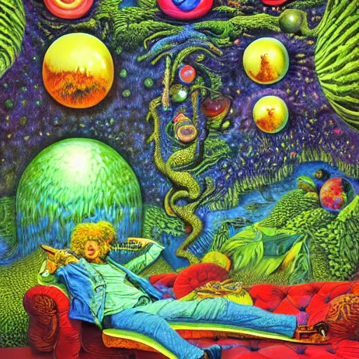 Image similar to psychedelic couch sofa in the lush forest, guitar, milky way, designed by moebius, rob gonsalves, gustav dore, giuseppe arcimboldo and carl barks, louis wain, trending on artstation, canada, star, sharp focus, colorful refracted sparkles and lines, soft light, 8 k 4 k