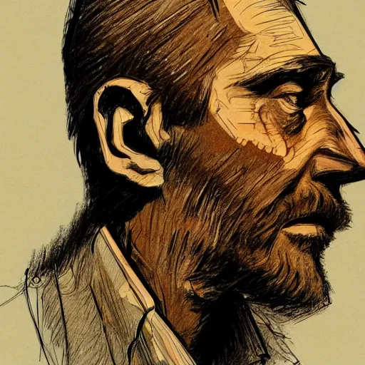 Image similar to a realistic yet scraggly portrait sketch of the side profile of a stern and sophisticated jamie hewlett, trending on artstation, intricate details, in the style of frank auerbach, in the style of sergio aragones, in the style of martin ansin, in the style of david aja, in the style of mattias adolfsson