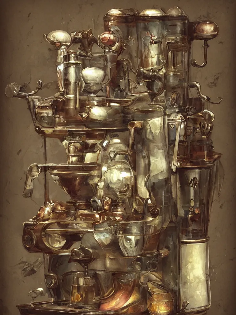 Prompt: ancient coffee machine, by Simon Stalenhaag, by Yoshita Amano, by Esao Andrews, sharp focus, fresh colors, conceptart, trending on artstation