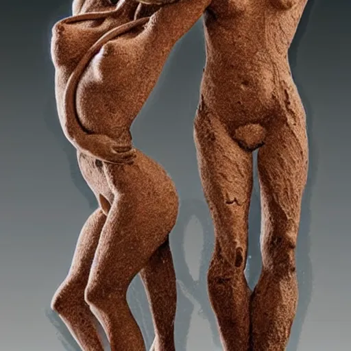 Image similar to dmt bodies. Mesh of human figures intertwined. earthen colors. The medium of this sculpture is human hair. A mess of human hair. Sculpted by August Rodine.