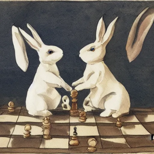 Image similar to two rabbits playing chess, in the style of anders zorn, watercolour