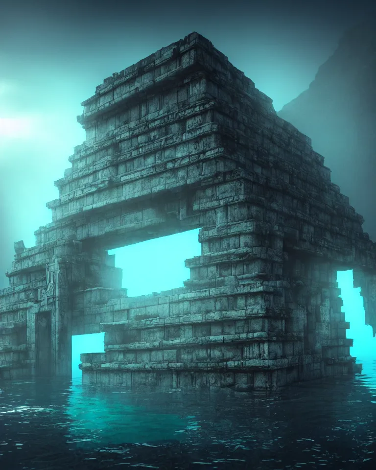 Image similar to ultrawide shot of submerged pre - incan temple, anime style mixed with fujifilm, dark, underwater, symmetrical, bubbles, abyss, dark, murky, foggy, atmospheric, crepuscular rays, artstation, cgsociety, octane render, cgi, unreal engine 5, denoise, detailed, cinematic masterpiece