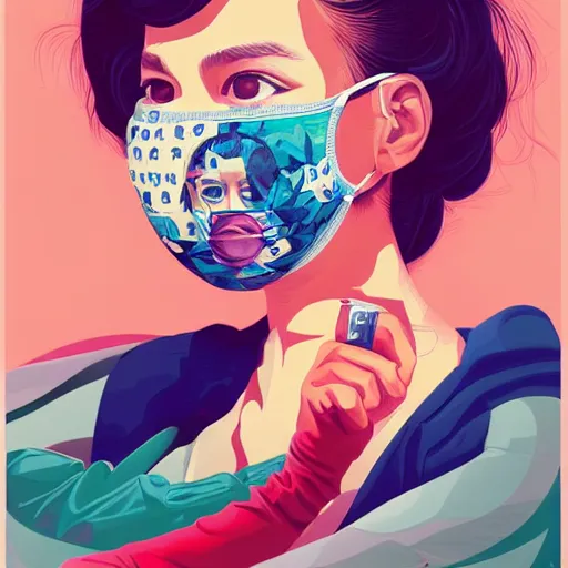 Image similar to Fashion weak portrait of people with sanitary mask, Tristan Eaton, artgerm, Victo Ngai, RHADS, ross draws