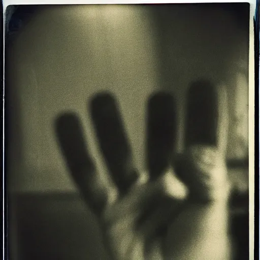 Image similar to old polaroid of a giant demon hand apearing in a dark spot of a room, black and white