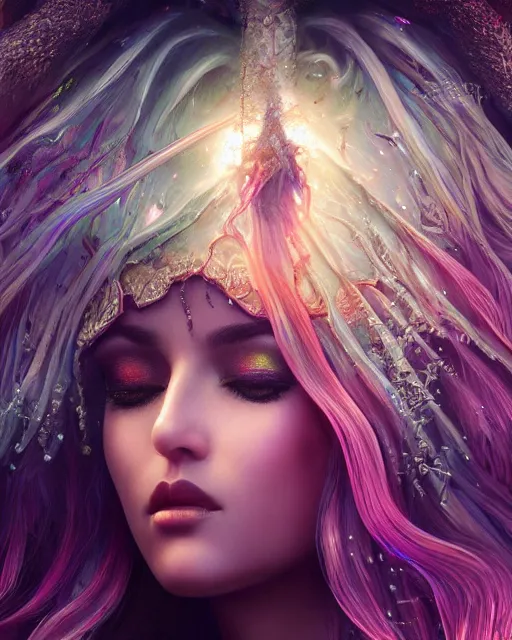 Prompt: beauteous sumptuous dark empress with incredible iridescent pearlescent voluminous hair, photorealistic crystalline masterpiece incrustations, hyperdetailed face, elegant pose, movie still, cinematic forest lighting, intricate accuracy, octane render, cgsociety, artgerm, unreal engine, crepuscular rays, god rays