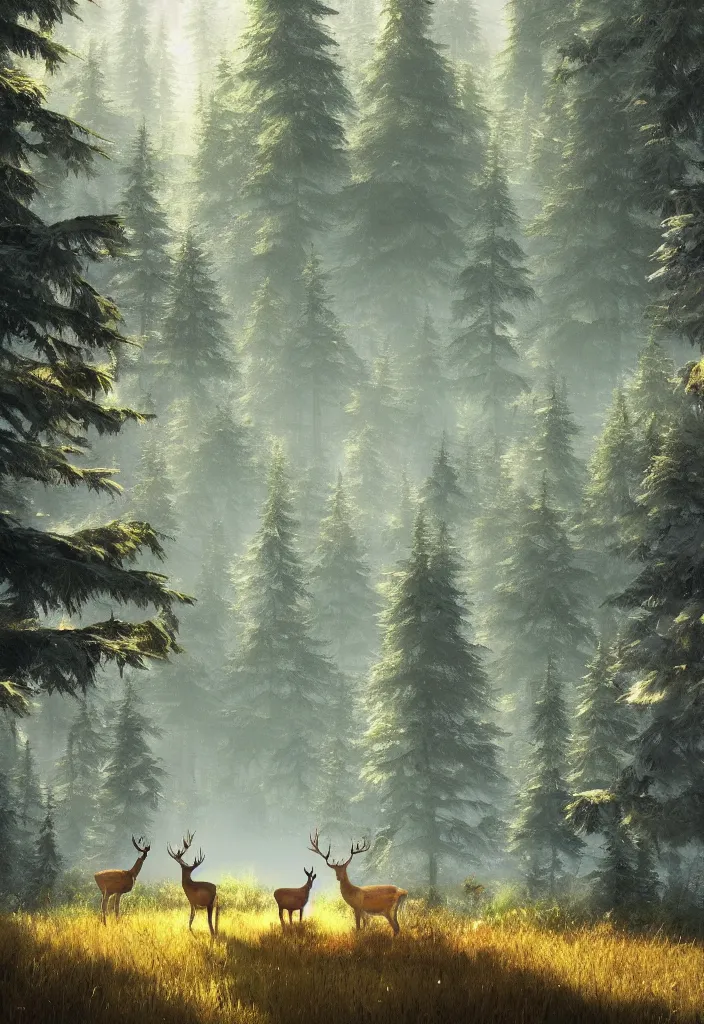 Image similar to deer on the background of a tall spruce forest, painting by Craig Mullins, octane rendering, soft morning lighting, wide angle lens, in the style of Hayao Miyazaki, trending on artstation,