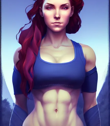 Image similar to beautiful portrait of a gorgeous personal trainer who looks like Triss Merrigold , character design by charlie bowater, ross tran, artgerm, and makoto shinkai, detailed, soft lighting, rendered in octane