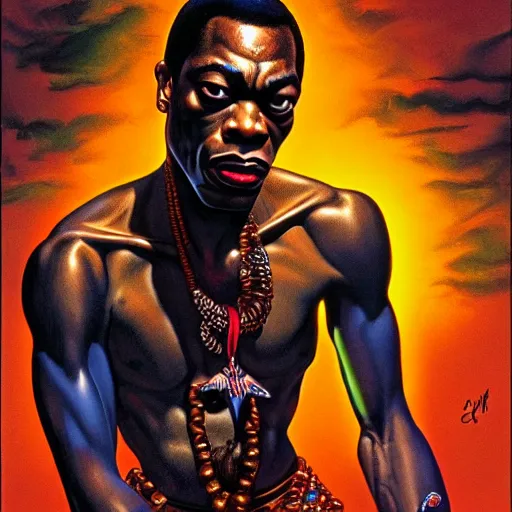 Image similar to fela kuti by clyde caldwell, very detailed, low contrast dramatic colors, 4 k