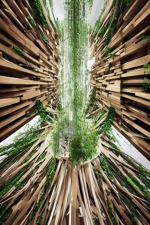 Image similar to urban atriums hyperdetailed hyperrealistic tree house, roots growing from bottom to ceiling, wooden modern decoration