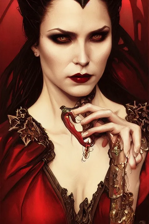 Image similar to portrait of a queen vampire, dark, piercing eyes, gentle expression, elegant clothing, photorealistic, highly detailed, artstation, smooth, sharp focus, art by michael whelan, artgerm, greg rutkowski and alphonse mucha