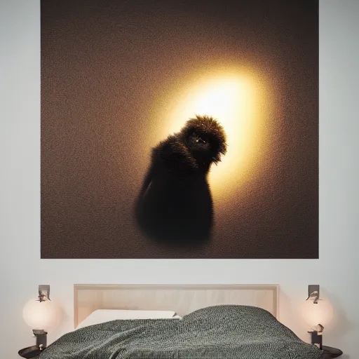 Image similar to fuzzy monster floating in my room at night, photograph