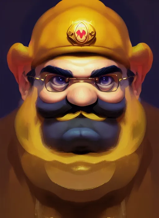 Image similar to portrait of wario from warioware, intricate, elegant, glowing lights, highly detailed, digital painting, artstation, concept art, smooth, sharp focus, illustration, art by wlop, mars ravelo and greg rutkowski