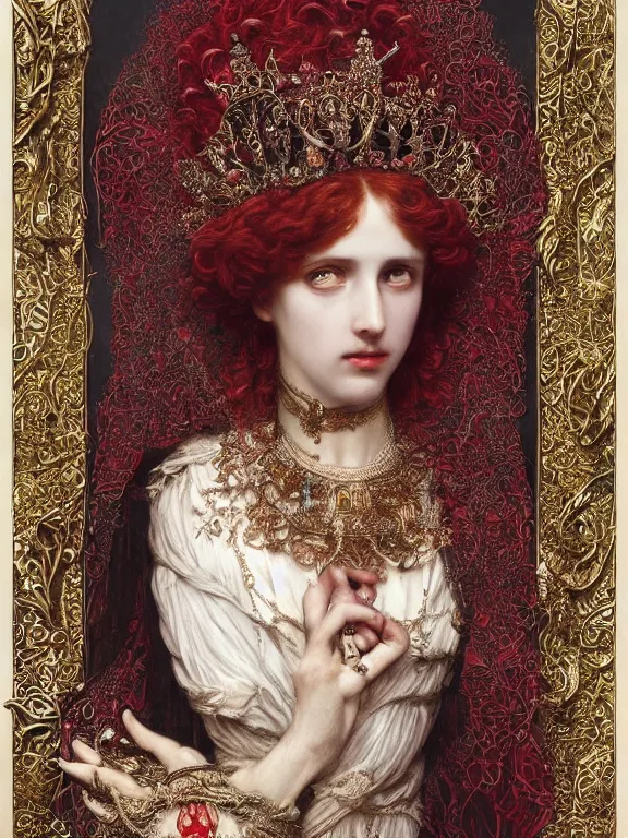 Prompt: a beautiful render of a catholic veiled red queen with symmetry intricate detailed ,heart sculpture,by Lawrence Alma-Tadema,aaron horkey,Billelis,trending on pinterest,hyperreal,jewelry,gold,intricate,maximalist,glittering,golden ratio,cinematic lighting