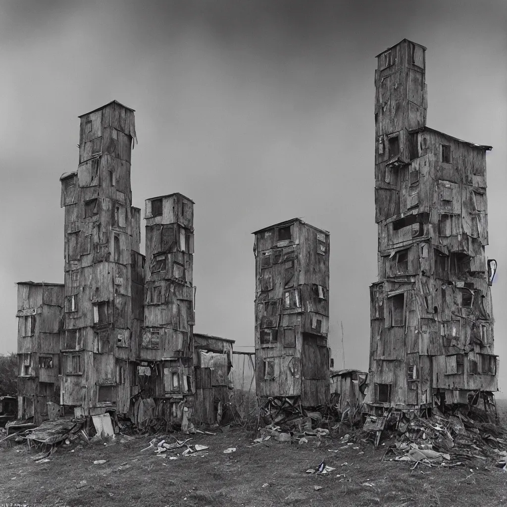 Prompt: two towers, made up of makeshift squatter shacks, misty, dystopia, mamiya rb 6 7, fully frontal view, very detailed, photographed by ansel adams