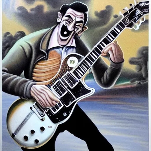 Image similar to beautiful lifelike painting of barry chuckle shredding on a gibson les paul, furious guitar solo, hyperreal detailed facial features and uv lighting, art by ed roth and basil wolverton