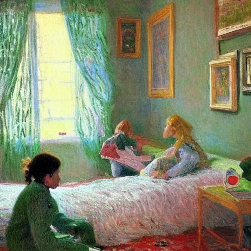 Image similar to monet painting of a 90s bedroom, kids sitting around playing nintendo, colorful,