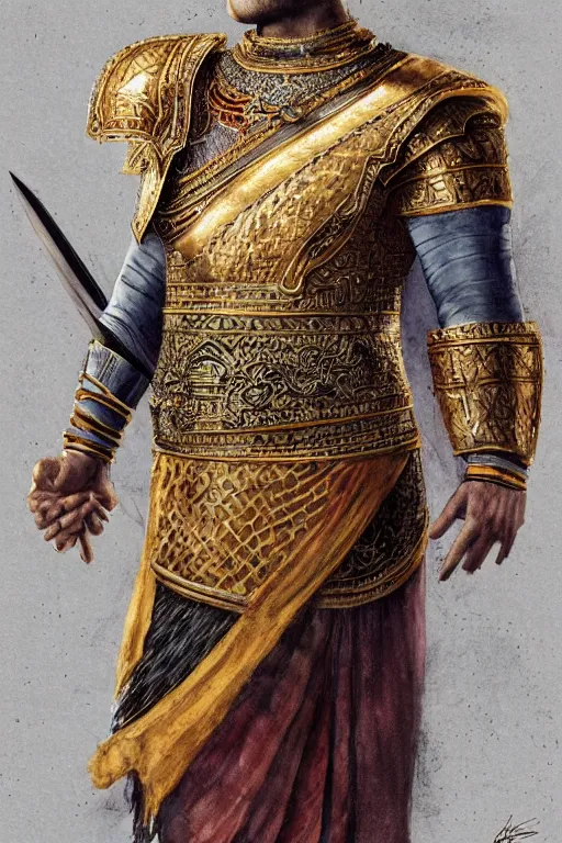 Image similar to full body portrait of king ramkhamhaeng the great, leather armor, tai ethnic group leader, emotional movement in the battle, highly detailed, digital painting, watercolor, artstation, concept art, smooth, sharp focus, illustration