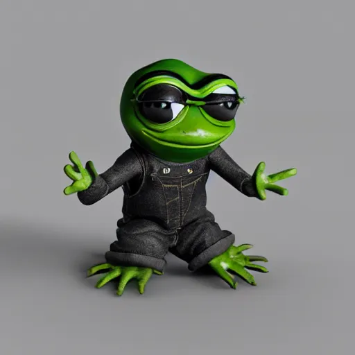 Image similar to perfectly accurate miniature figure of pepe the frog wearing jeans and a black leather jacket, soft textures, skin texture, clothing, 3d sculpture, textured, fine detail, lifelike, photo, high resolution, octane render, post processing, after effects, trending on artstation