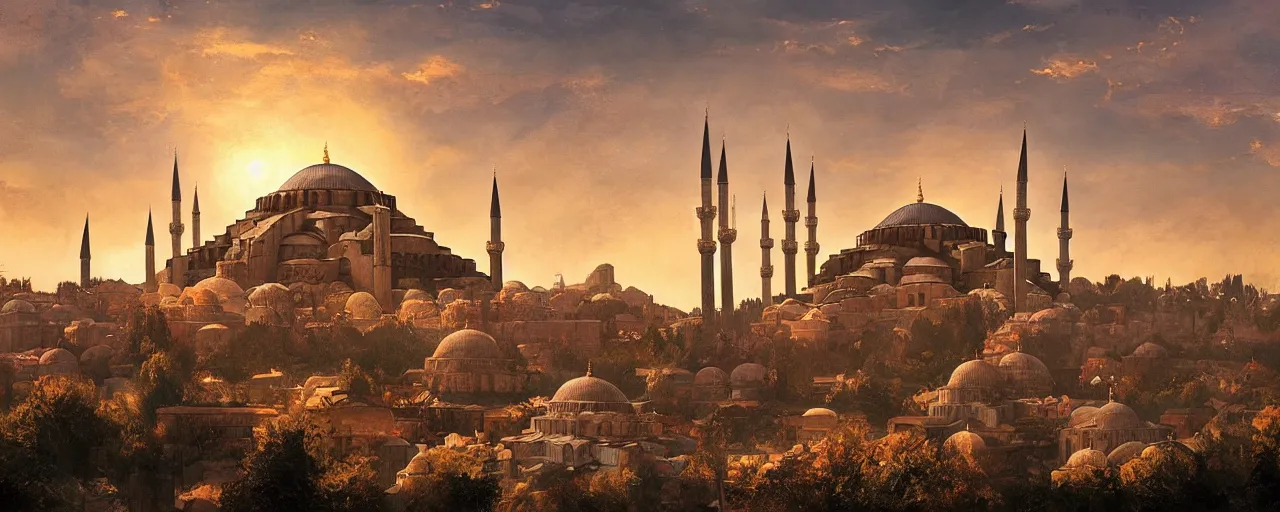 Image similar to historicaly accurate medieval istanbul and hagia sophia scenery landscape, lord of the rings,, rule of thirds, sunset, highly detailed, perfect lighting, perfect composition, 4 k, artgerm, derek zabrocki, greg rutkowski