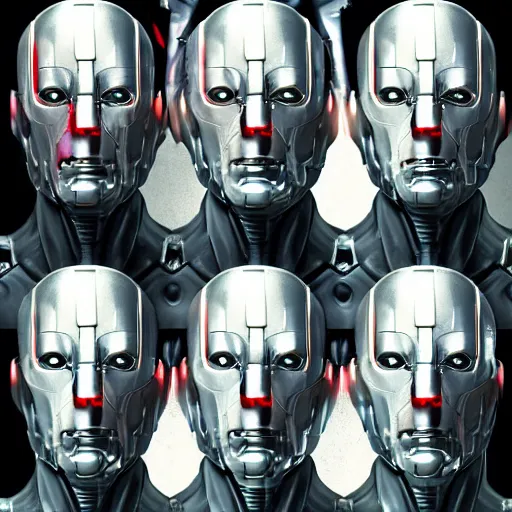 Image similar to ultron concept art, collages, hyper realistic, many variations portrait of very old thom yorke, face variations, statue of ultron by jama jurabaev, very long shot, cybernetic, high quality, brush stroke, for aaa game