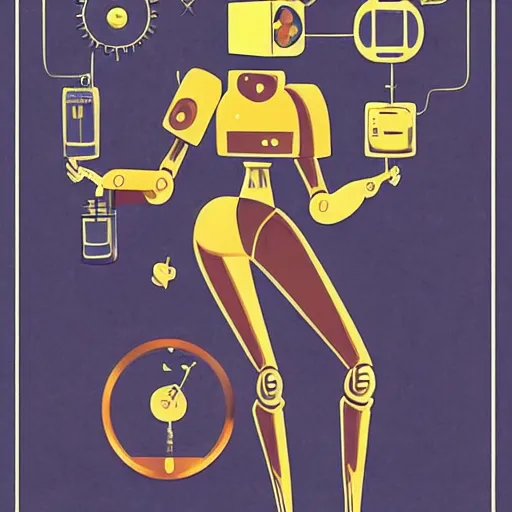 Image similar to retrofuturism poster of an anthropomorphic retro futuristic steampunk robot maid