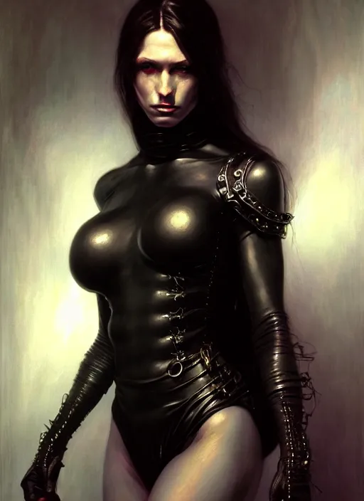 Image similar to female necromancer, black leather body suit, full body, hyper realistic, extremely detailed, dnd character art portrait, dark fantasy art, intricate fantasy painting, dramatic lighting, vivid colors, deviantart, artstation, by edgar maxence and caravaggio and michael whelan and delacroix.